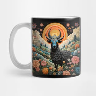 Surrealistic Folk Art Dark Floral Motif Goat Design Mug